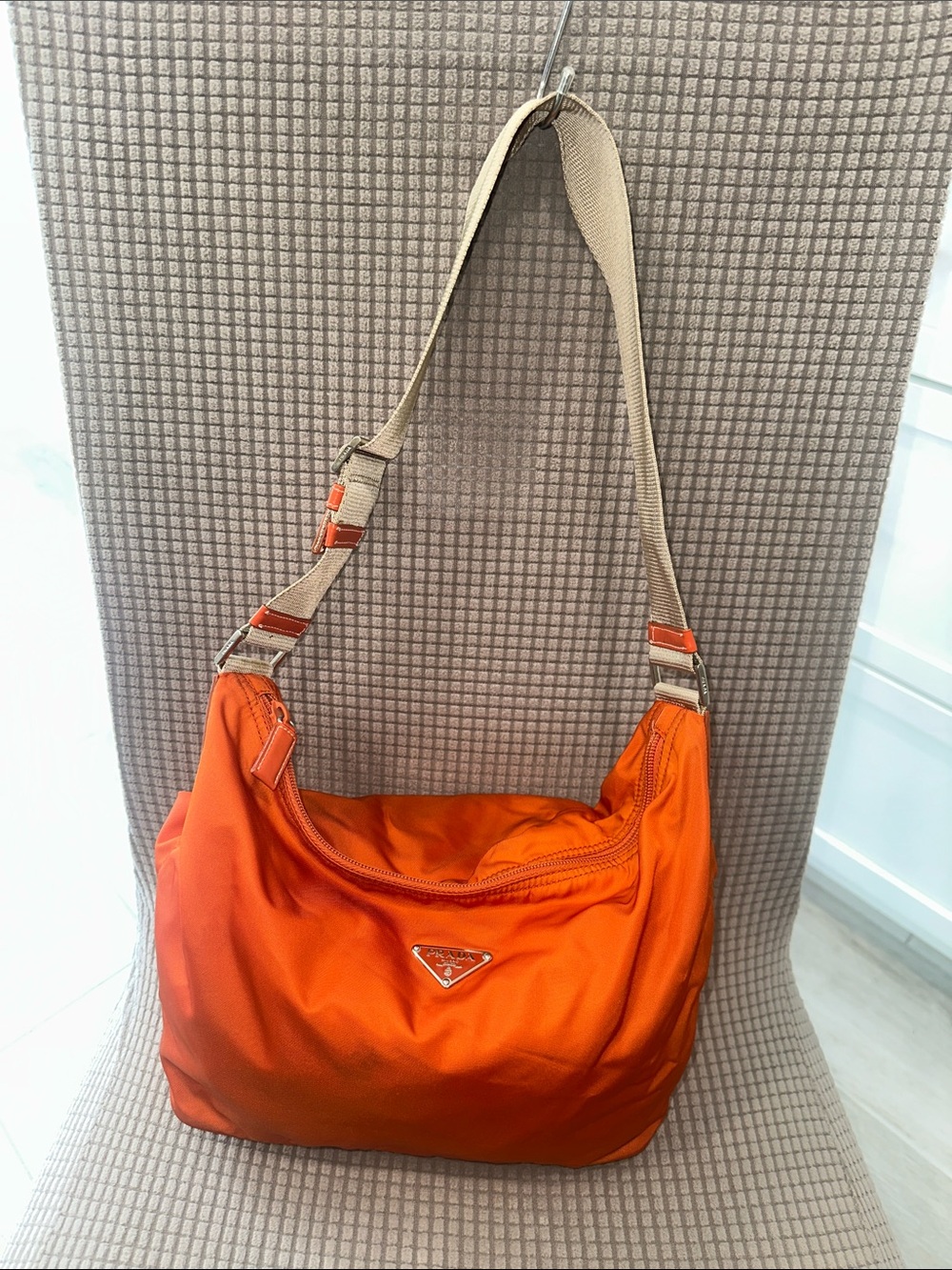 Prada Orange Nylon Shoulder Bag with Beige Strap